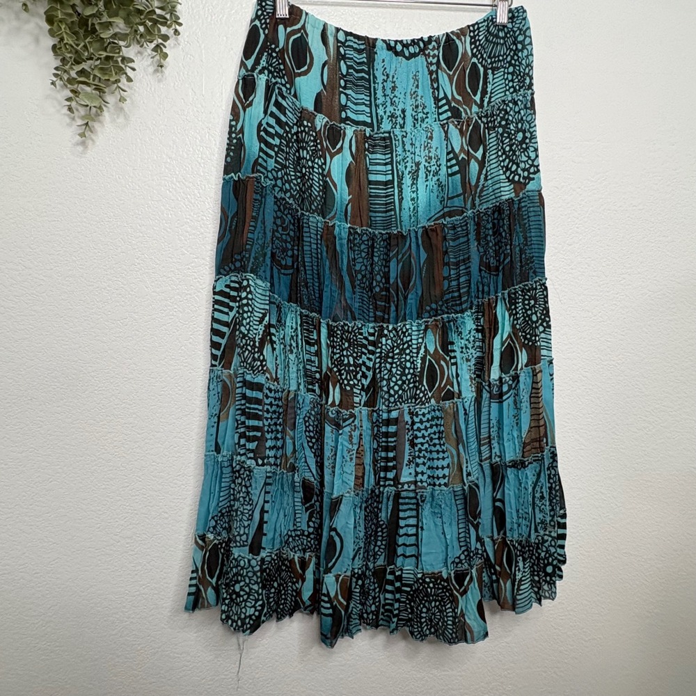 Sunny Leigh Turquoise Brown Abstract Tribal Tiered Maxi Skirt XL Boho Geometric - Picture 2 of 7